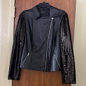 INC International Concepts Black Sequin Sleeve Moto Jacket